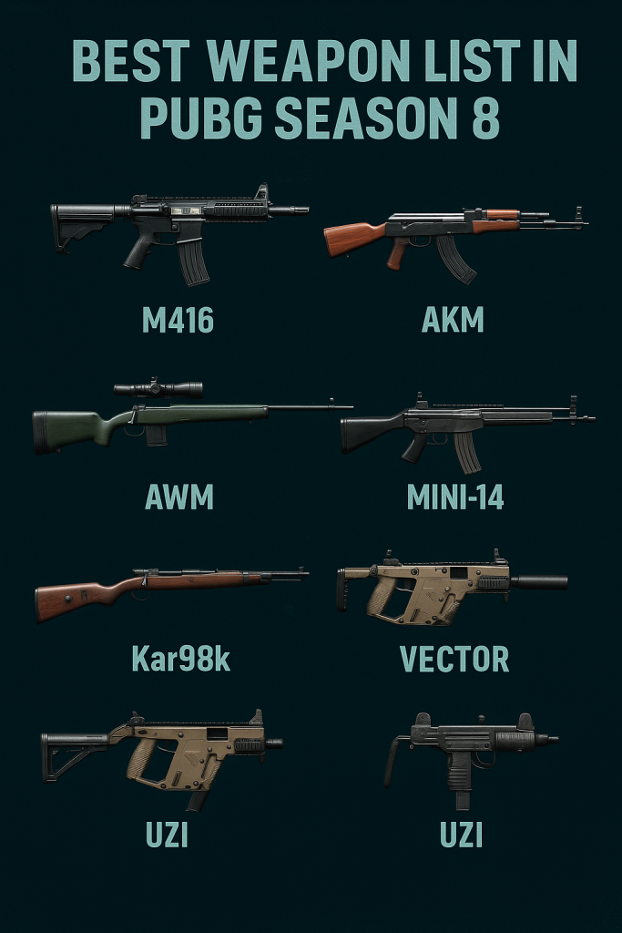 "Compilation of the best PUBG Mobile Season 8 weapons including M416, AKM, SCAR-L, AWM, Kar98k, Mini-14, Vector, UMP45, and Uzi in a dark teal futuristic layout."