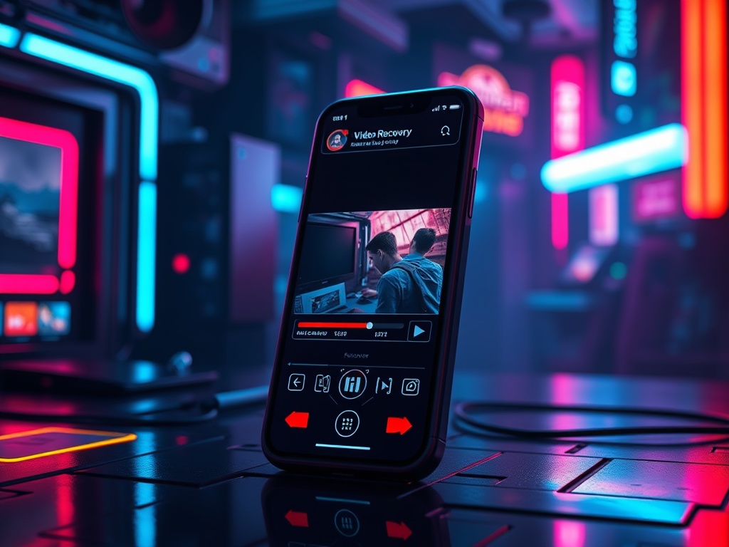 A digital illustration showing Android video recovery methods with neon-colored futuristic UI icons and step-by-step recovery paths.