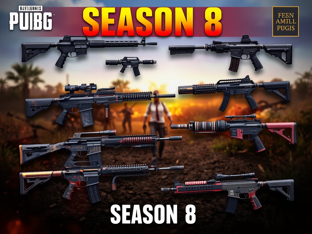 "Compilation of the best PUBG Mobile Season 8 weapons including M416, AKM, SCAR-L, AWM, Kar98k, Mini-14, Vector, UMP45, and Uzi in a dark teal futuristic layout."